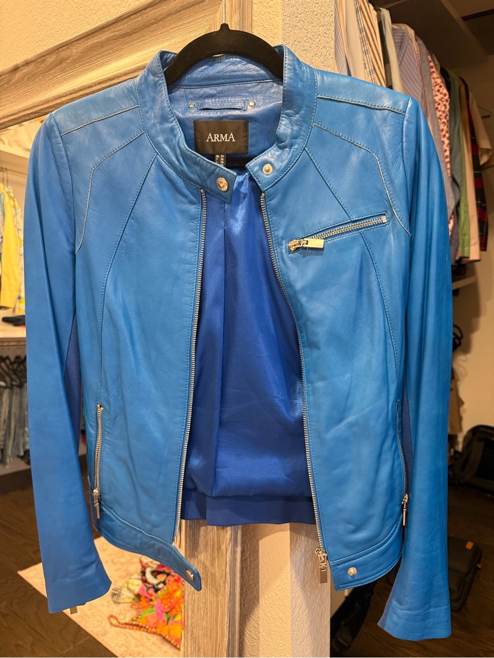 Women’s Bright Blue Leather Moto Jacket